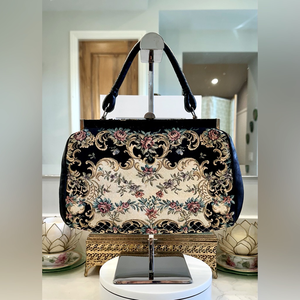 Very Vtg 40s/50s Leather-Trimmed Petit-Point Tapestry Bag - Leather Handle, Vgvc